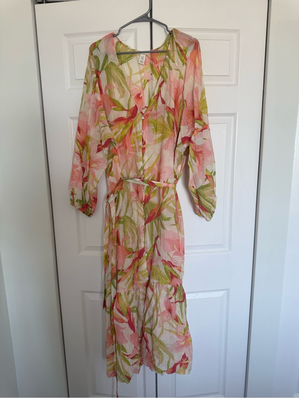 H&M Pink and Green Floral Button-Front Midi Dress